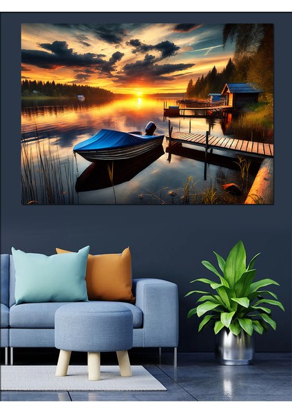 Gölde Gün Batımı ve Kayık Dekoratif Kanvas - Mdf Ahşap Tablo indirimleri