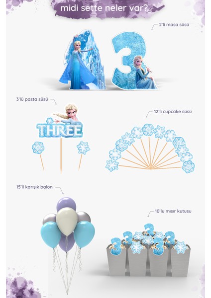 Frozen Elsa Temalı 3 Yaş Doğum Günü Parti Seti Doğum Günü Konsepti - Midi