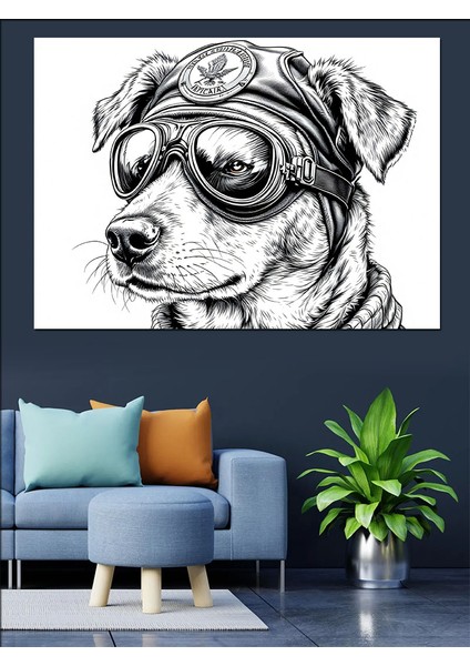 Gözlüklü Pilot Köpek Eskiz Dekoratif Kanvas - Mdf Ahşap Tablo