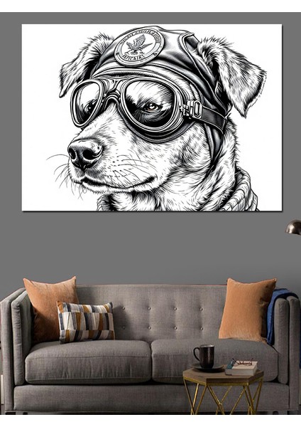 Gözlüklü Pilot Köpek Eskiz Dekoratif Kanvas - Mdf Ahşap Tablo