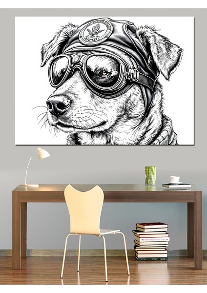 Gözlüklü Pilot Köpek Eskiz Dekoratif Kanvas - Mdf Ahşap Tablo