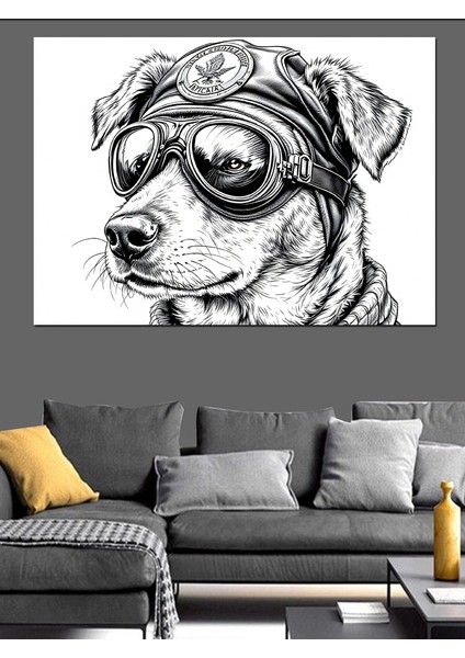 Gözlüklü Pilot Köpek Eskiz Dekoratif Kanvas - Mdf Ahşap Tablo