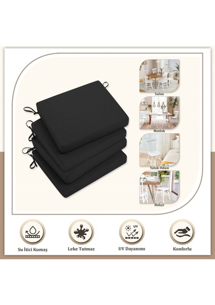 Canvas 4'lü Siyah Sıvı Geçirmez Leke Tutmaz Fermuarlı Bağcıklı Sandalye Minderi 40 x 40 cm