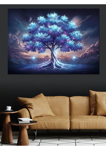 Büyülü Mavi Ağaç Işık Dekoratif Kanvas - Mdf Ahşap Tablo