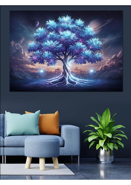 Büyülü Mavi Ağaç Işık Dekoratif Kanvas - Mdf Ahşap Tablo fiyatları