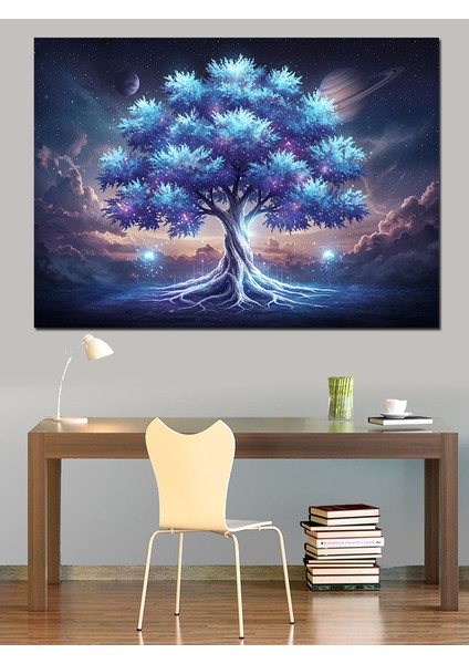 Büyülü Mavi Ağaç Işık Dekoratif Kanvas - Mdf Ahşap Tablo fırsatları