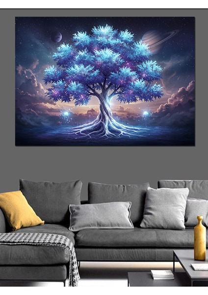 Büyülü Mavi Ağaç Işık Dekoratif Kanvas - Mdf Ahşap Tablo indirimleri