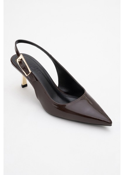 Arty Kahverengi Rugan Sivri Burun Arkası Açık Kadın Ince Topuklu Ayakkabı modelleri