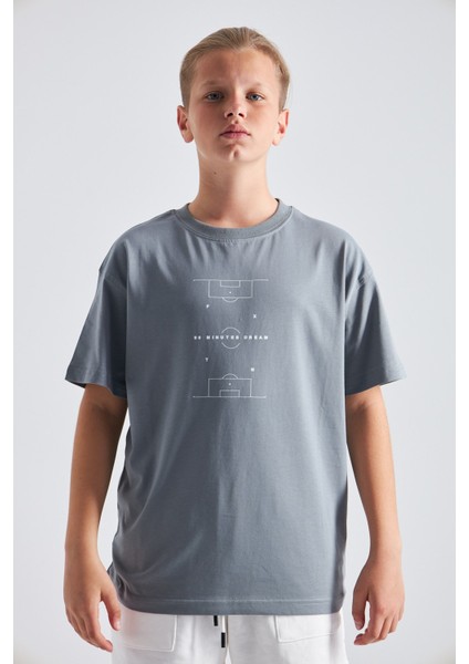 Futbol Sahası Desenli %100 Pamuk Erkek Oversize Tişört