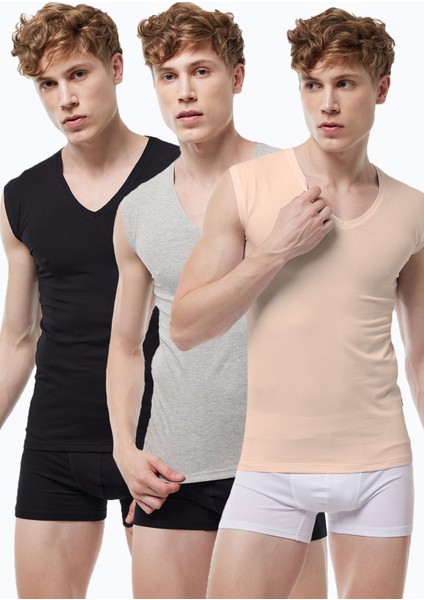 Erkek Siyah Gri Ten Rengi 3 Lü Paket V Yaka Iz Yapmayan Modal Kolsuz Görünmez Atlet 064