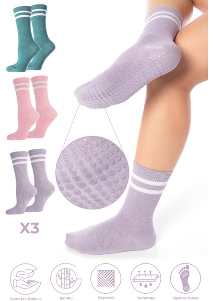 Bambu Kadın Kaydırmaz Taban Silikon Baskı Pilates Yoga Fitness Dans Aktivite Tenis Çorabı 3'lü Paket