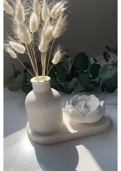 3'lü Dekoratif Set Lotus Doğal Vegan Mum & Vazo & Oval Tepsi