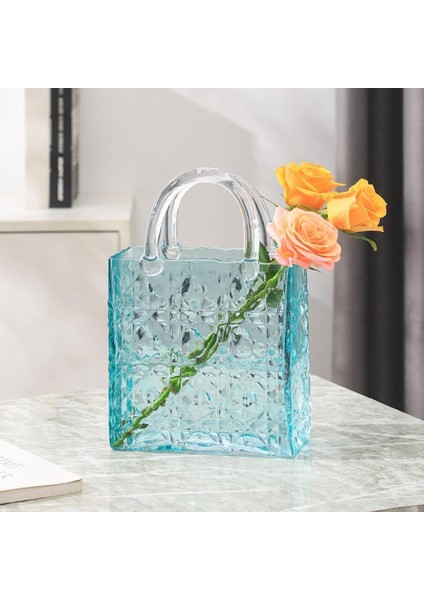 Çanta Vazo Köşeli Model Cam Çiçek Vazosu Dekoratif Mavi Vazo Büyük Boy Glass Bag Vase