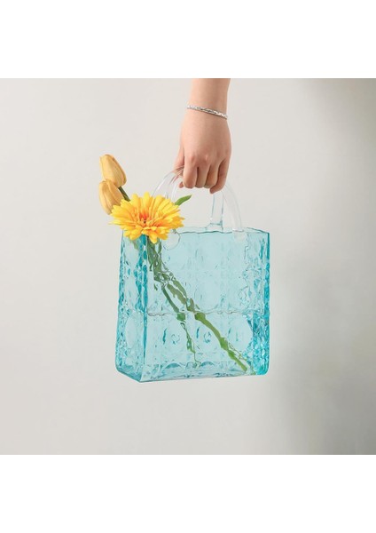 Çanta Vazo Köşeli Model Cam Çiçek Vazosu Dekoratif Mavi Vazo Büyük Boy Glass Bag Vase