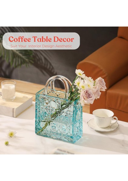 Çanta Vazo Köşeli Model Cam Çiçek Vazosu Dekoratif Mavi Vazo Büyük Boy Glass Bag Vase