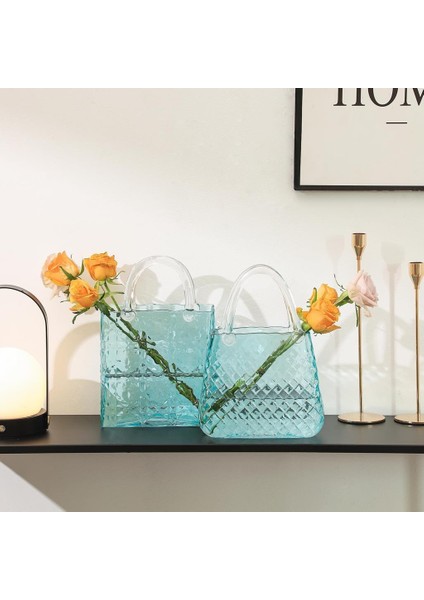 Çanta Vazo Köşeli Model Cam Çiçek Vazosu Dekoratif Mavi Vazo Büyük Boy Glass Bag Vase