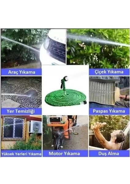 30 Metre Uzayan Bahçe Sulama Araç Yıkama Hortumu 7 Kademeli Başlık Tabanca