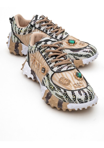 Vero Bej Desenli Taşlı Kadın Spor Ayakkabı