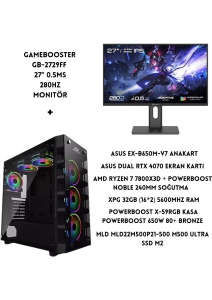 Pb X-59RGB Kasa Ryzen 7 7800X3D 32 GB Ram 500 GB SSD Asus Dual Rtx 4070 W11 +27" Monitör