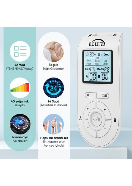 AC-933 Pro Şarj Edilebilir, Çift Kanallı 22 Programlı Profesyonel Tens Cihazı