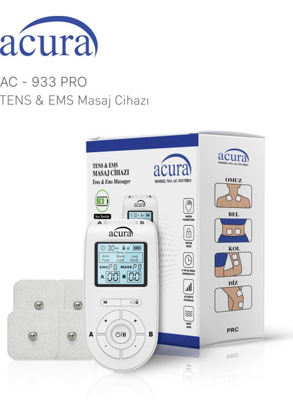 AC-933 Pro Şarj Edilebilir, Çift Kanallı 22 Programlı Profesyonel Tens Cihazı