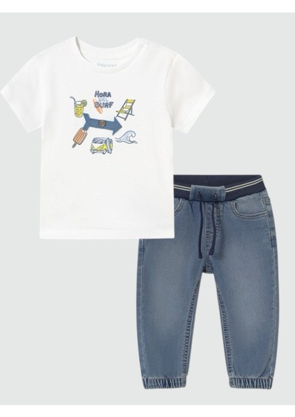 01-04 Yaş Mayoral Erkek Bebek Pantolon T-Shirt Takım - Beyaz-Mavi