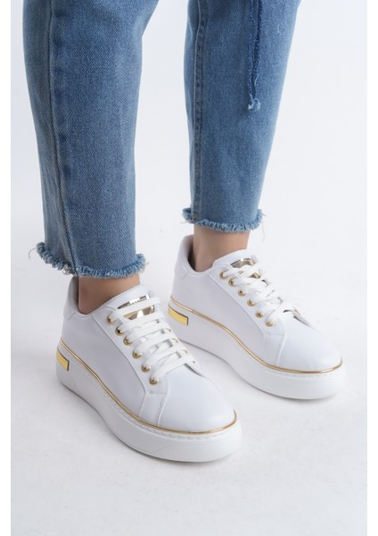 Mına Bağcıklı Ortopedik Taban Kadın Sneaker Spor Ayakkabı - Beyaz/altın