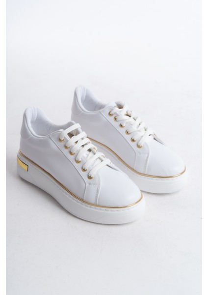 Mına Bağcıklı Ortopedik Taban Kadın Sneaker Spor Ayakkabı - Beyaz/altın
