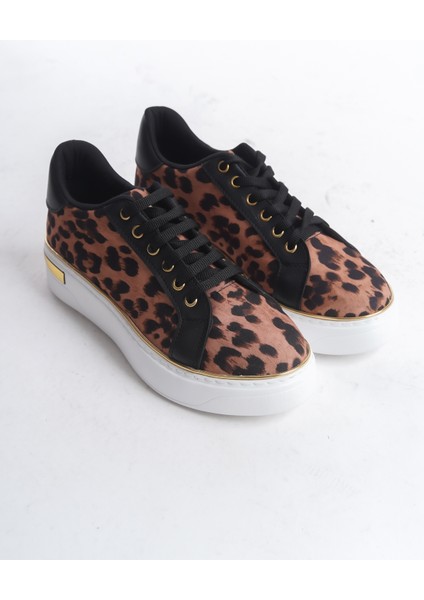 Mına Bağcıklı Ortopedik Taban Leopar Desenli Kadın Sneaker Spor Ayakkabı - Kahverengi