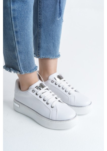 Mına Bağcıklı Ortopedik Taban Kadın Sneaker Spor Ayakkabı - Beyaz/gümüş