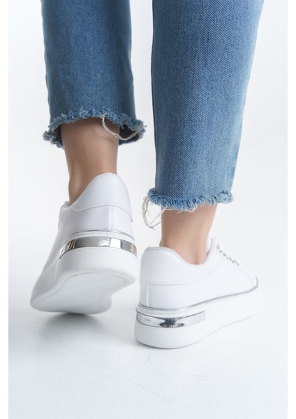 Mına Bağcıklı Ortopedik Taban Kadın Sneaker Spor Ayakkabı - Beyaz/gümüş