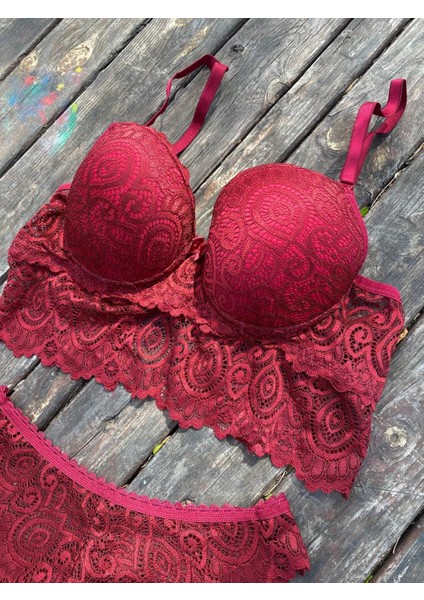 Bordo Dantelli Destekli Bralet Takım