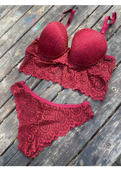 Bordo Dantelli Destekli Bralet Takım modelleri