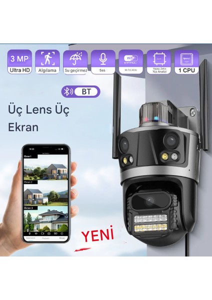Icsee Wifi 12MP Kamera 6k 3lens Bağlantı Ptz Güvenlik Kamera Cctv 3 Ekran Ağ Kamerası 2 Yönlü Ses fiyatları
