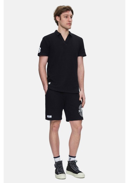 Sıerge Siyah Örme Şort Baskılı Standard Fit Erkek Örme Şort