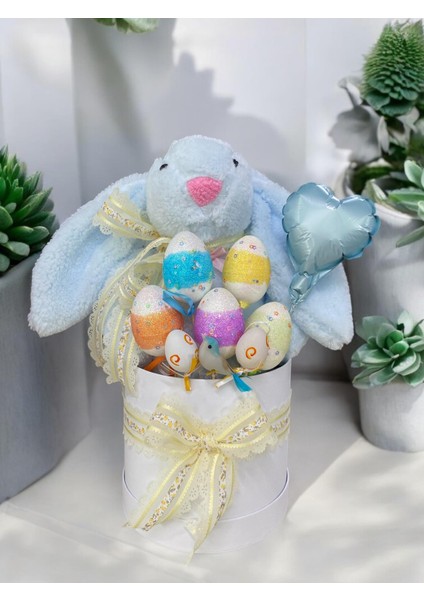 Premium Paskalya Temalı 45 cm Mavi Bunny Tavşan Hediye Kutusu - Dekoratif Yumurta ve Kalp Balon Detaylı