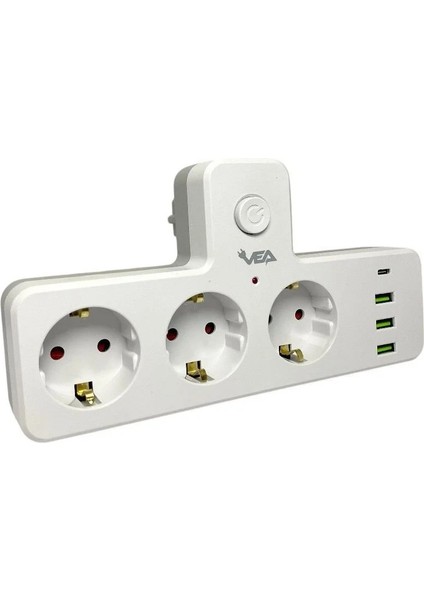 VE-23088 3 Soketli 3xusb+Type-C Çocuk ve Termal Korumalı Anahtarlı Priz