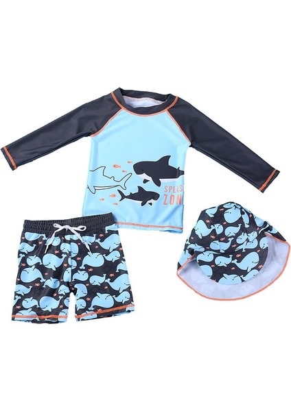 UPF50+ Güneş Korumalı Laci Uzun Kollu Köpekbalığı Desenli 3'lü Mayo Set Şapka T-Shirt Şort