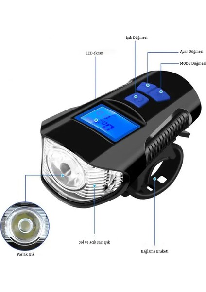 Bisiklet Hız Göstergesi Km Sayaç Fener Korna Lcd Ekran Ön Far Lamba 3in1 Gidon