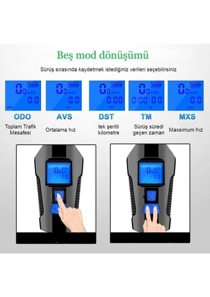 Bisiklet Hız Göstergesi Km Sayaç Fener Korna Lcd Ekran Ön Far Lamba 3in1 Gidon