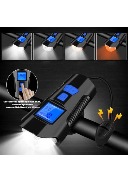 Bisiklet Hız Göstergesi Km Sayaç Fener Korna Lcd Ekran Ön Far Lamba 3in1 Gidon