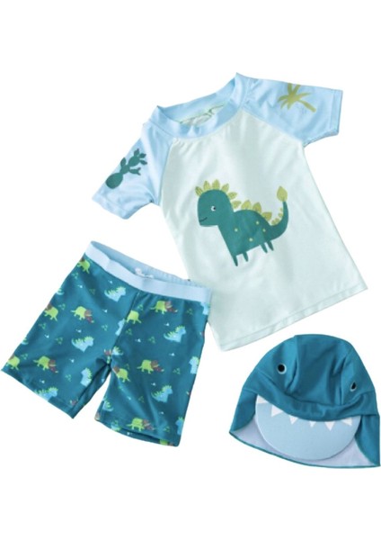 Erkek Bebek 3'lu Set- Upf 50 + Güneş Korumali Sort Mayo + Tshirt 'u + Sapka Seti Cute Dıno