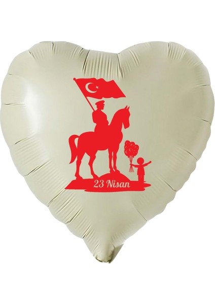 18 Inç Retro Beyaz (Krem) Renk Atatürk ve 23 Nisan Temalı Kalp Folyo Balon
