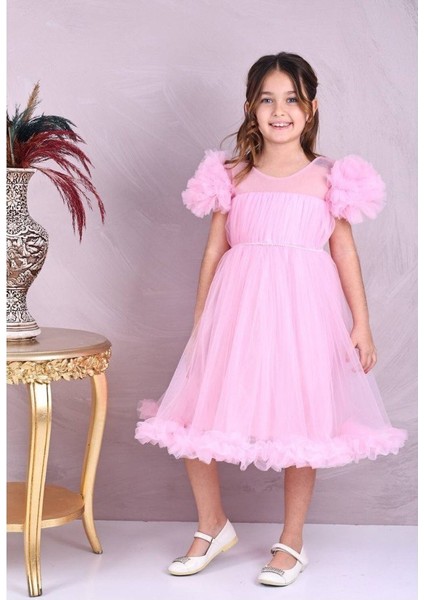 Omuz Ponpon Detaylı Tüllü Kız Çocuk Elbise