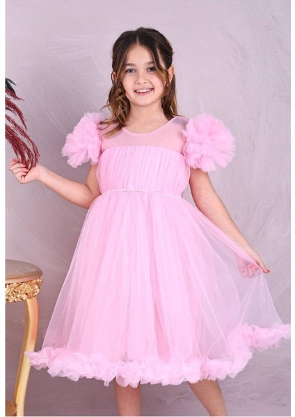 Omuz Ponpon Detaylı Tüllü Kız Çocuk Elbise fiyatları