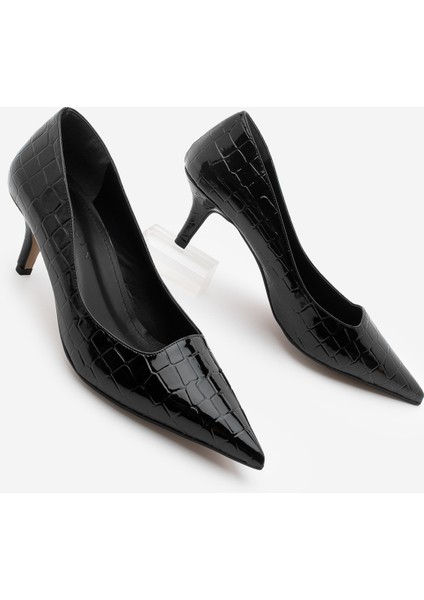 Kadın Stiletto Croco Desenli Topuklu Ayakkabı Olfin Siyah Croco