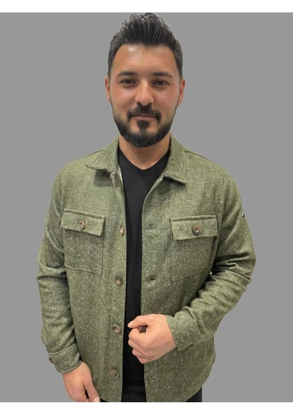 Erkek Kaşe Mevsimlik Cep Detaylı Gömlek Modeli Haki Ceket