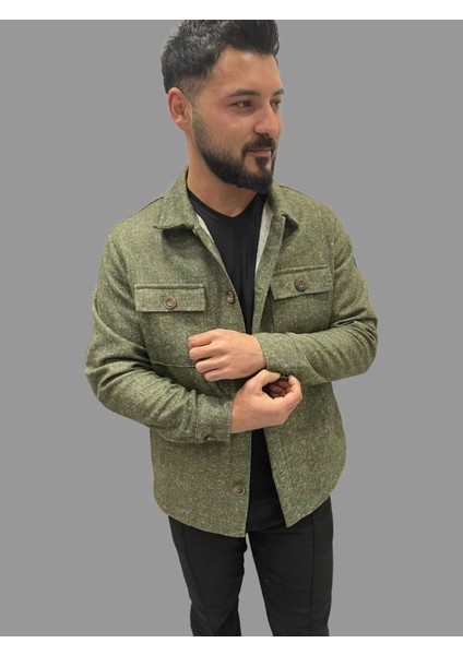 Erkek Kaşe Mevsimlik Cep Detaylı Gömlek Modeli Haki Ceket