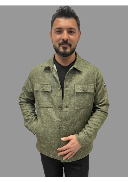 Erkek Kaşe Mevsimlik Cep Detaylı Gömlek Modeli Haki Ceket
