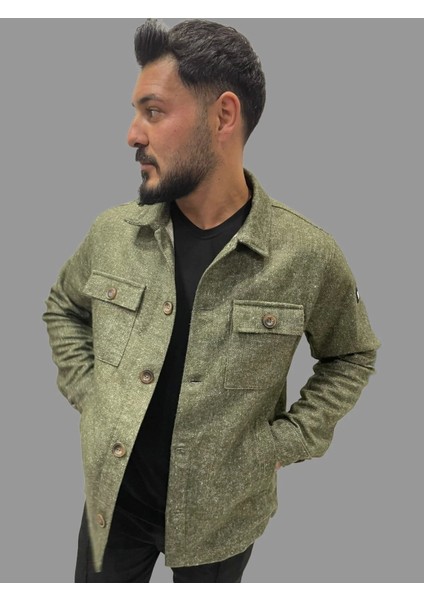 Erkek Kaşe Mevsimlik Cep Detaylı Gömlek Modeli Haki Ceket